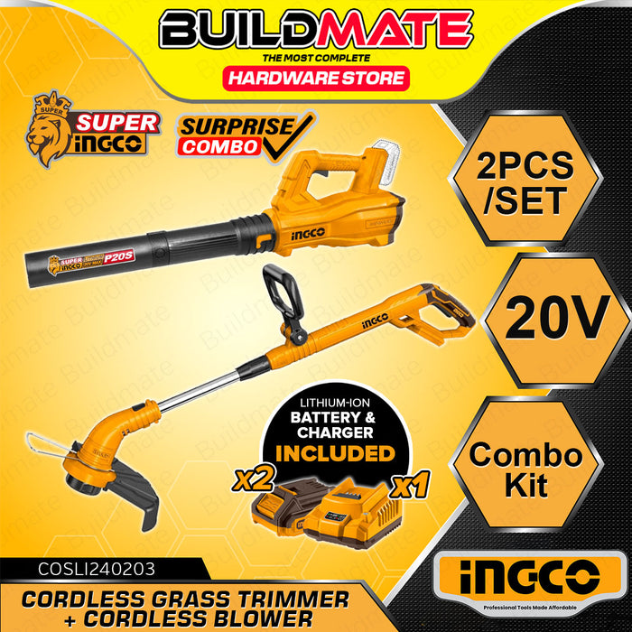 [EXCLUSIVE] BUILDMATE Ingco Lithium-Ion Cordless 2pcs Combo Kit 20V Rechargeable Grass Trimmer and Air Blower Power Tools Set COSLI240203 - IPX