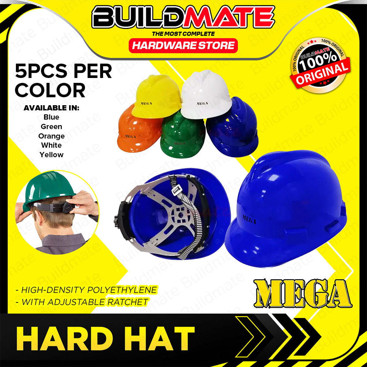 BUILDMATE Mega 5PCS/COLOR Safety Helmet Blue / Green / Orange / Yellow ...