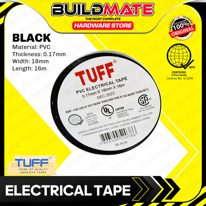 BUILDMATE Tuff PVC Electrical Tape 0.17mmx18mmx16m Electricians Insulating Electrical Wiring Cable Adhesive Weather-Resistant Tape