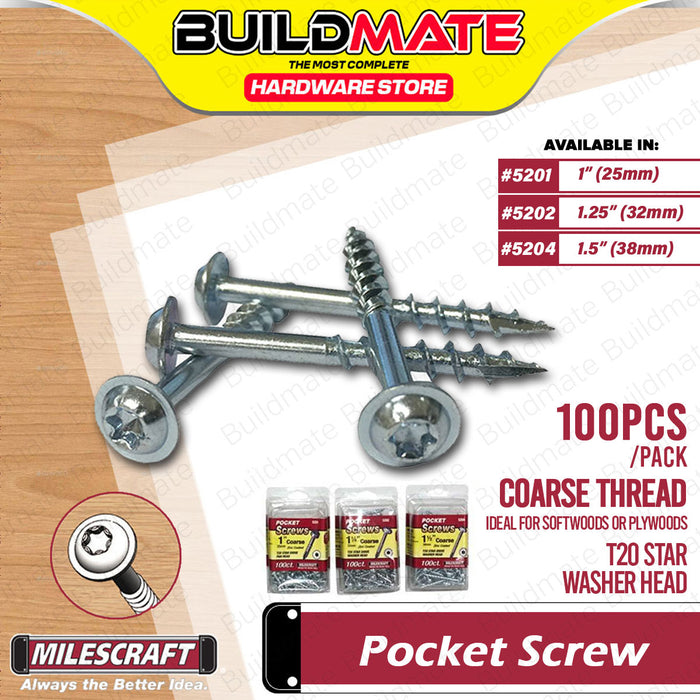 BUILDMATE Milescraft 100PCS/PACK Pocket Screw Coarse 1"  / 1.25"  / 1.5" Self -Tapping T20 Washer Head Pocket Hole Star Screws  #5201 #5202 #5204