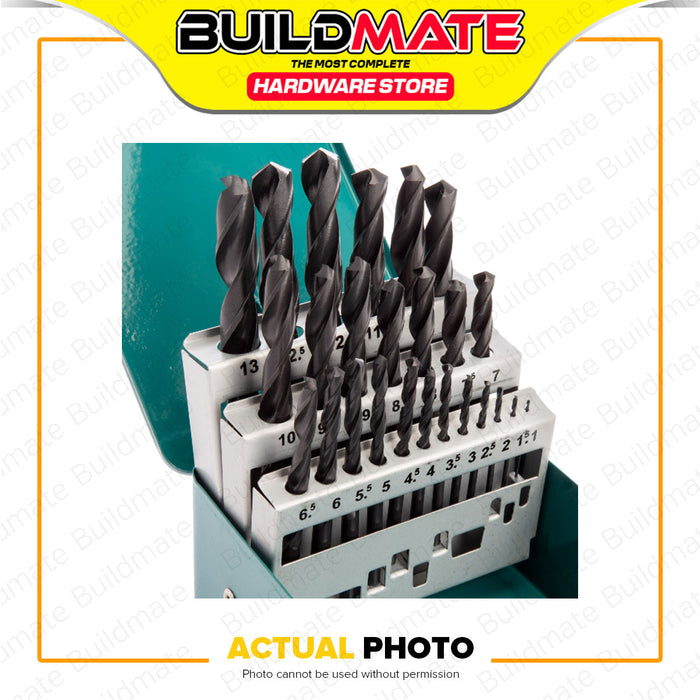 BUILDMATE Makita 25pcs HSS-R Metal Drill Bit Set 1mm-13mm Metalworking Ground Point Twist Drilling Bit Kit with Metal Box Case D-54097