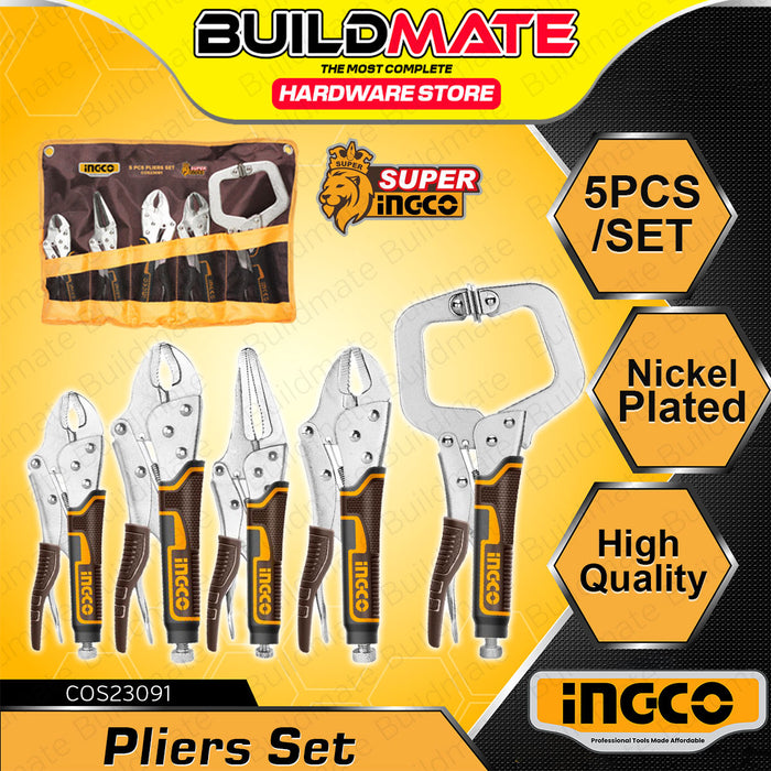 [EXCLUSIVE] BUILDMATE Ingco 5pcs Pliers Set 7" - 11" Curved Jaw, Straight Jaw, Long Nose, C-Clamp Vise Grip Locking Clamp Plier Hand Tools COS23091 - IPX
