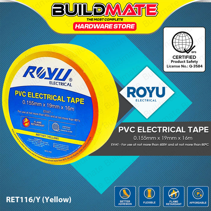 BUILDMATE Royu PVC Electrical Tape 0.155mmx19mmx16m Waterproof Insulation Wiring Flame Retardant Adhesive Repair Colored Insulating Electric Wire Tape SOLD PER PIECE