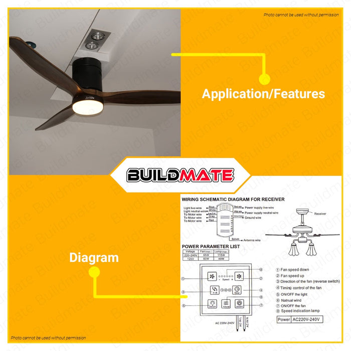 POWERHOUSE Wooden Ceiling Fan DC Motor 52in With Led Light & Wireless Remote Control PH-WCF-52 PHE