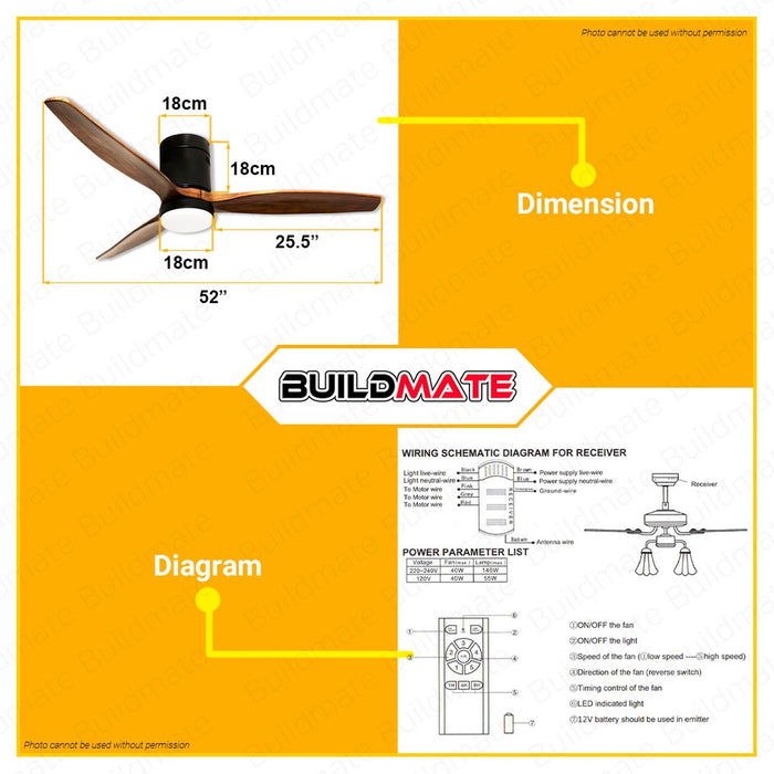 POWERHOUSE Wooden Ceiling Fan DC Motor 52in With Led Light & Wireless Remote Control PH-WCF-52 PHE