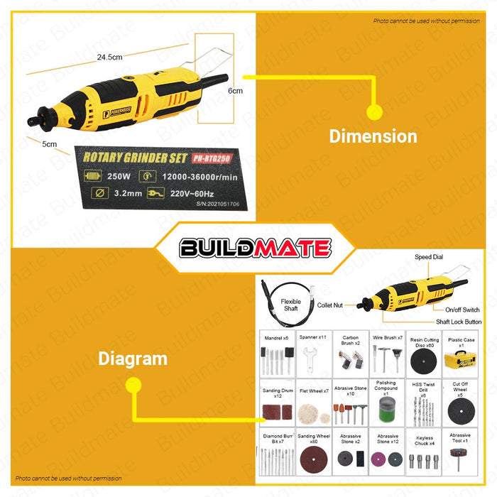 POWERHOUSE USA Rotary Grinder Set 250W PH-RTG250 100% ORIGINAL / AUTHENTIC •BUILDMATE• PHPT NEW
