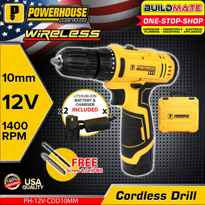 POWERHOUSE Cordless Drill / Driver 12V 10mm Drill Chuck 1.5Ah Li-Ion PH-12V-CDD10MM •BUILDMATE• PHPT