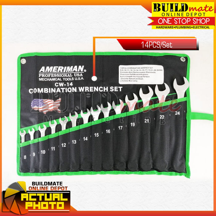 AMERIMAN CRV Combination Wrench 14PCS/SET 8-24mm CW-14 Made in Taiwan •BUILDMATE•