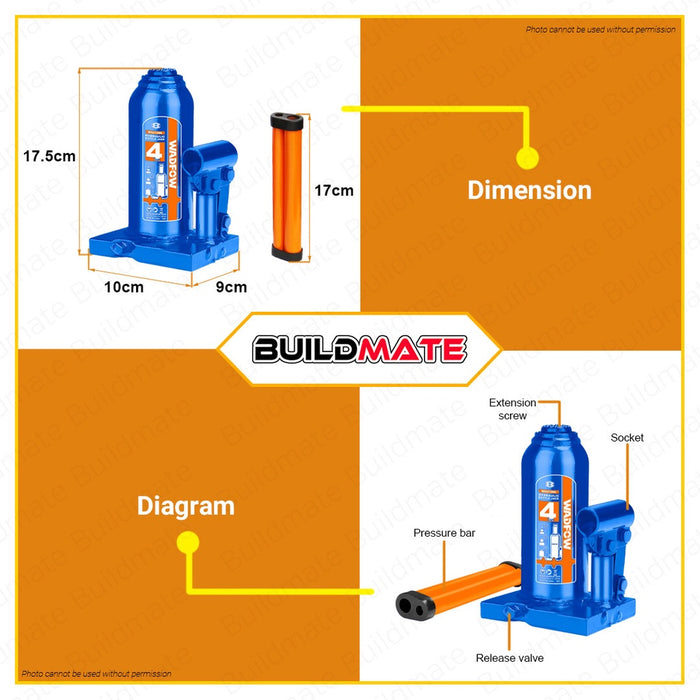 WADFOW 4 TONS Hydraulic Bottle Jack Welded Bottle Jack 4 Ton Easy Lifting WHJ1504 •BUILDMATE• WHT