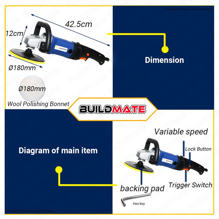 BUILDMATE Oxford 1200W Electric Buffing Machine Car Polisher Ø180mm Automotive Buffer Orbital Car Auto Detailing Machine Rotary Polisher