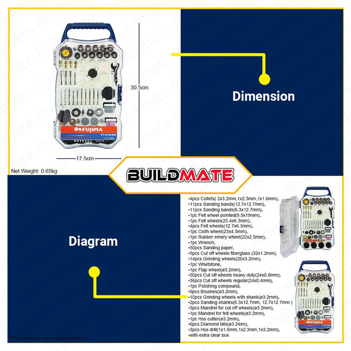 FUJIMA 208 PCS Rotary Tool Kit Accessories for Mini Drill Rotary Die Grinder FT-RTAK208 •BUILDMATE•