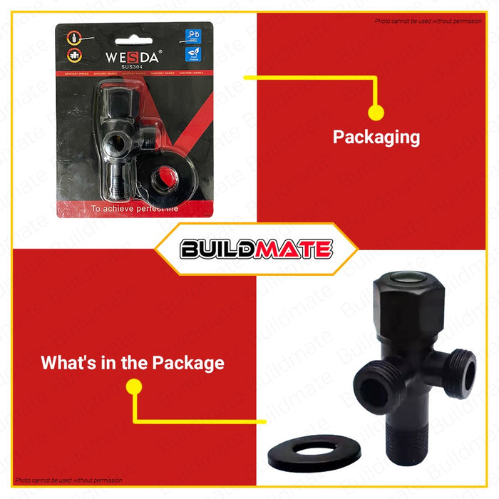 WSDA Stainless Steel Matte Black 2 Way Angle Valve 1/2" x 1/2" SV-107 BK •BUILDMATE•