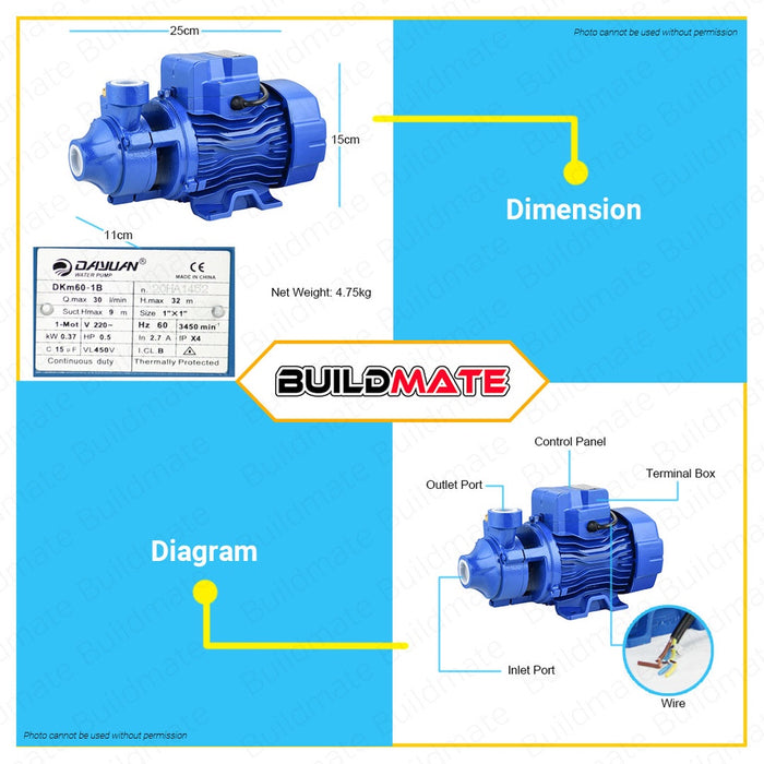 DAYUAN ITALY Peripheral Water Booster Jet Pump 0.5HP DKM60-1B •BUILDMATE•