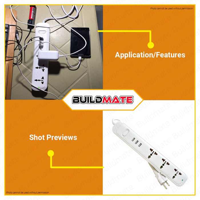 OMNI Travel Extension Cord with 3 USB Outlet Power Strip USB-303 •BUILDMATE•
