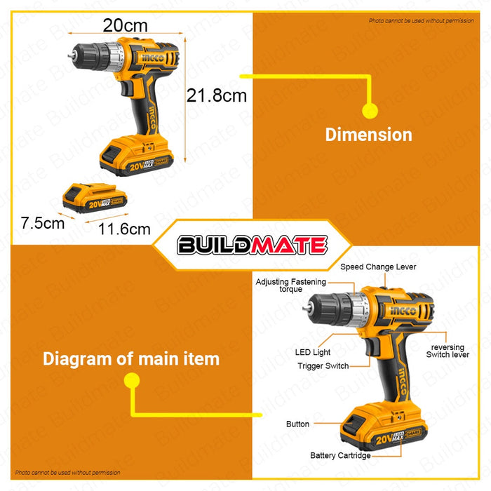 INGCO Lithium-Ion Cordless Drill Driver 20V CDLI20025 POWERSHARE •BUILDMATE• IPT