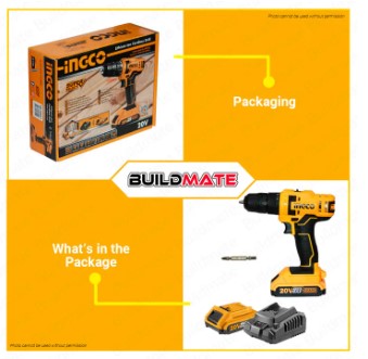 BUILDMATE Ingco 20V Lithium-Ion Cordless Drill 40Nm / 45Nm 2-Speed Mechanical Gear Drilling Gun with Integrated Work Light CDLI20051 / CDLI20032 - ICPT