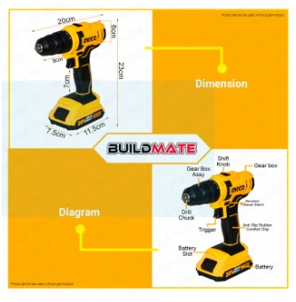 BUILDMATE Ingco 20V Lithium-Ion Cordless Drill 40Nm / 45Nm 2-Speed Mechanical Gear Drilling Gun with Integrated Work Light CDLI20051 / CDLI20032 - ICPT