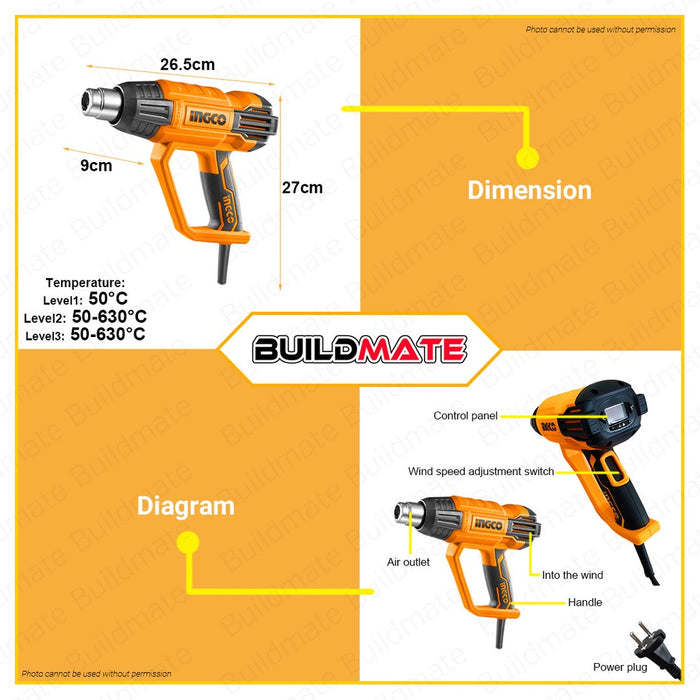 INGCO Hot Air Temperature Heat Gun 2000W HG200028 •BUILDMATE• IPT