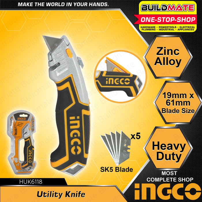 INGCO Original Utility Knife with 5 PCS Cutter Blade SK5 19mm x 61mm HUK6118 Tool •BUILDMATE• HT2