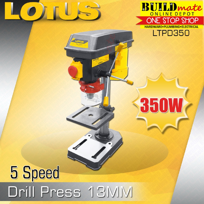 BUILDMATE Lotus Drill Press 13MM 350W 1/2HP 5-Speed Cast Iron Benchtop Drill Press Table Drill Bench Drill Press Bench Top Drilling Machine Electric Drill Press LTPD350 | LTDP350VR • LPT