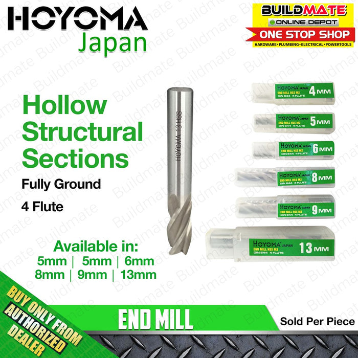 HOYOMA 4 Flutes HSS End Mill Fully Ground 4mm | 5mm | 6mm | 8mm | 9mm | 13mm Cutting Tools for Metal SOLD PER PIECE •BUILDMATE• HYMA