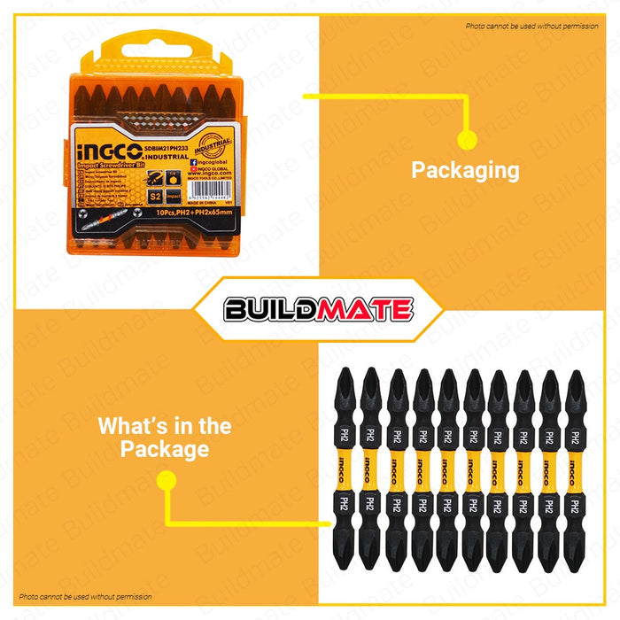 INGCO 10 PCS Impact Screwdriver Bit Screw Ph2 + Ph2 65mm Set SDBIM21PH233 AUTHENTIC •BUILDMATE• HT2
