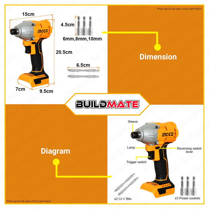 [BARE TOOL] INGCO Cordless Brushless Motor Impact Driver 1/4" 20V +FREE Bits & Nuts CIRLI20030 ICPT