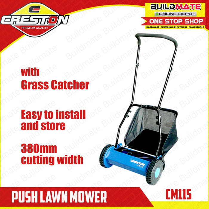 BUILDMATE Push Lawn Mower with Grass Catcher 380mm Manual Garden Hand Reel Eco-Friendly Grass Cutter CM-115