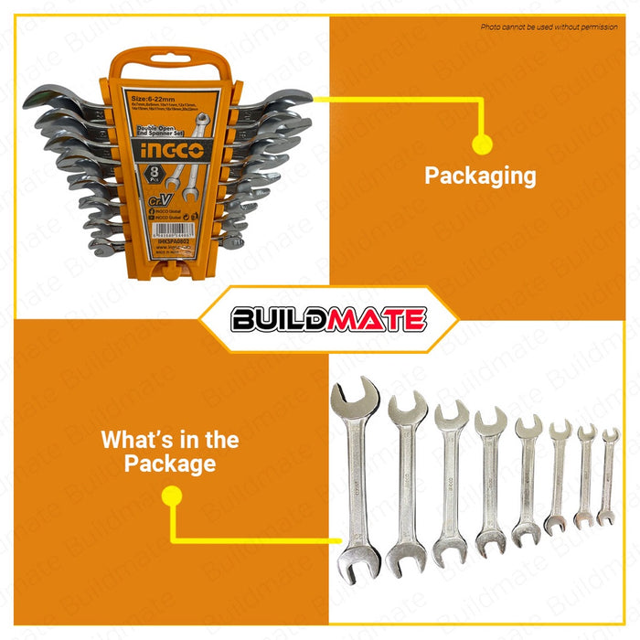 INGCO 8PCS Double Open End Spanner Wrench Set 6mm-22mm Cr-V IHKSPA0802 •BUILDMATE• IHT2