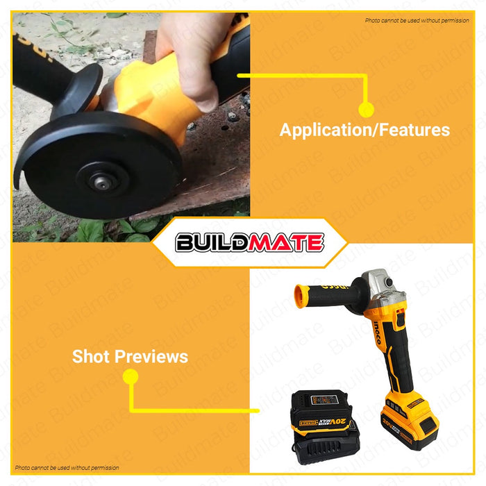 INGCO Lithium-Ion Cordless Angle Grinder w/ Battery Charger Included Power Share 20V CAGLI10022 ICPT