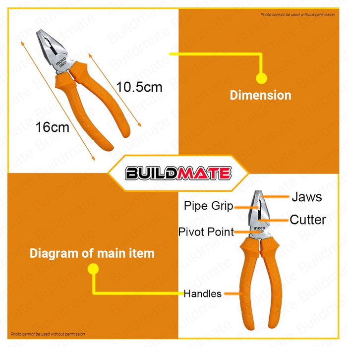 INGCO COMBINATION PLIERS 6" (SUPER SELECT) Polish & Anti-Rust Oil Hand Tools HCP12160 BUILDMATE• HT2