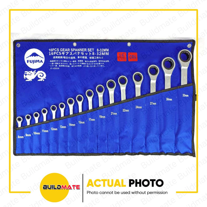 FUJIMA Gear Spanner Ratchet Combination Wrench Set 8-32mm Cr-V 16PCS/SET FT-GSS16 •BUILDMATE•