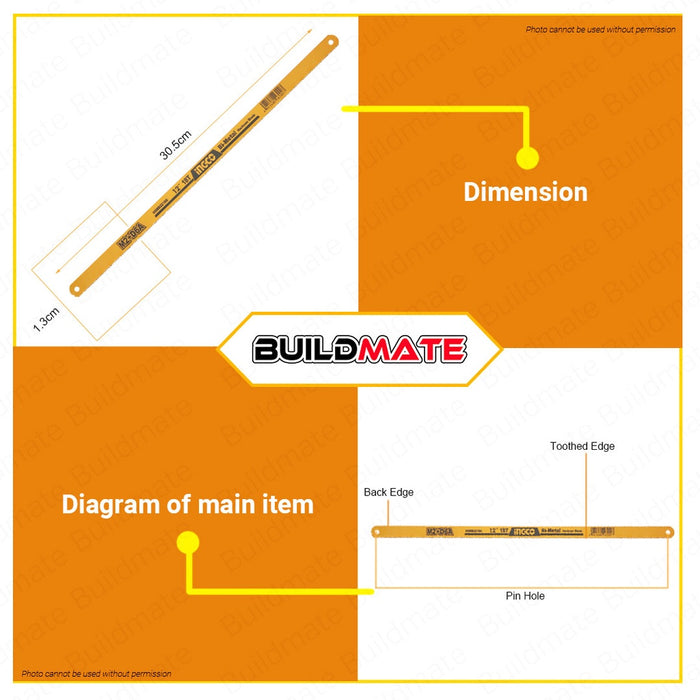 BUILDMATE Ingco Hacksaw Blade 12" INCH 18T | 24T [SOLD PER PIECE] Bi-Metal 1pc High Speed Steel Replacement Hack Saw Blade For Metal Cutting HSBB22188 | HSBB22248 • HT2