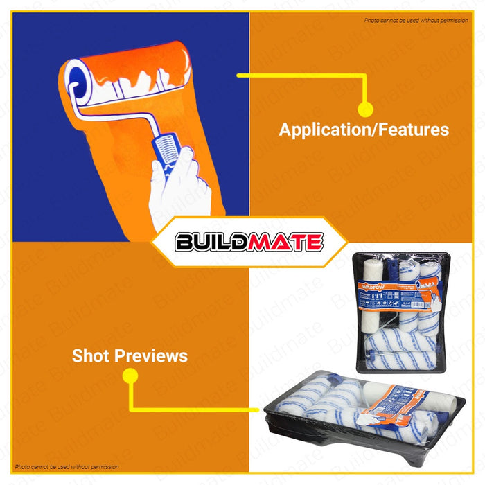 WADFOW Cylinder Brush 7in1 SET Paint Roller Brush Inner Wall Paint Tray Set WCB3H51 •BUILDMATE• WHT