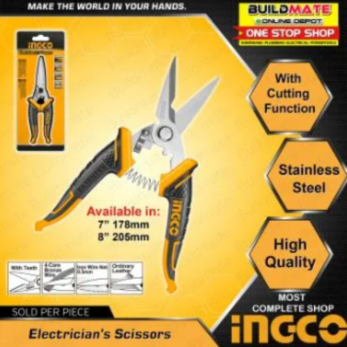 INGCO Electrician's Scissors Stainless Steel Blade with teeth HES0187 | HES0188 •BUILDMATE• IHT