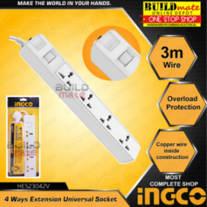 INGCO 4 Ways 3M Extension Cord Universal Socket Switch Overload Protection Power Strip HES23042V IHT