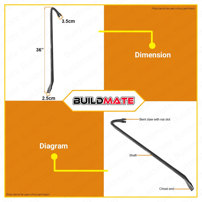WADFOW Wrecking Bar 900mm 36" Inch Nail Puller End Gooseneck Wrecking Bar WQB1390 •BUILDMATE WHT