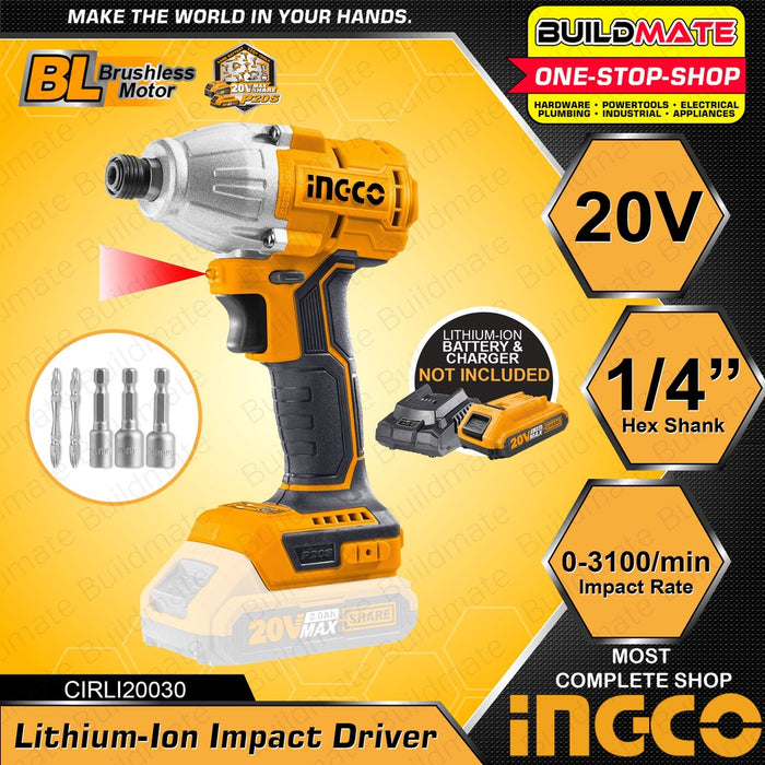 [BARE TOOL] INGCO Cordless Brushless Motor Impact Driver 1/4" 20V +FREE Bits & Nuts CIRLI20030 ICPT
