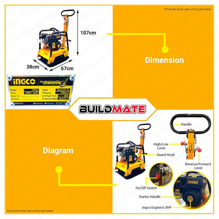INGCO Gasoline Reversible Plate Compactor 4.8kW 6.5HP 127KG GCP125-2 ...
