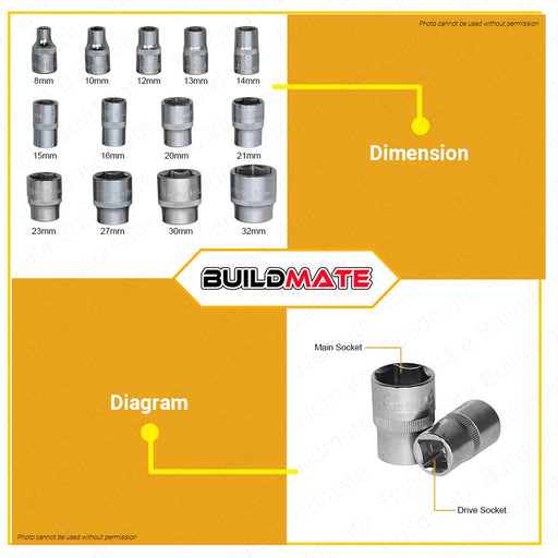 Hoteche 1/2 Drive Socket 6Pt 8mm 10mm 12mm 13mm 14mm 15mm 16mm 20mm SOLD PER PIECE •BUILDMATE•