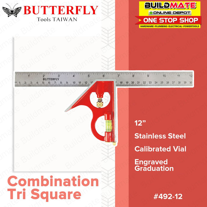 BUTTERFLY 12" Stainless Steel Combination Tri Square Try Wood Measuring Ruler #492-12" •BUILDMATE•