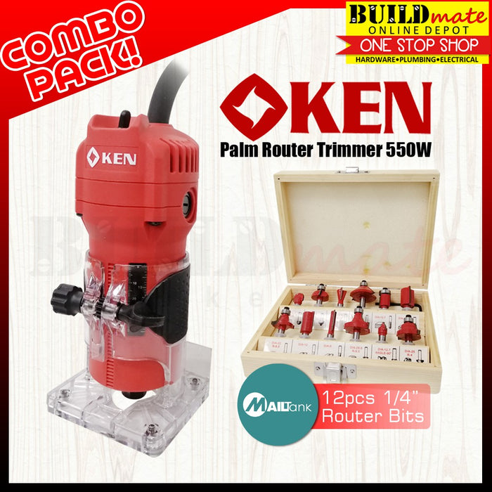 [BUNDLE] KEN Palm Router / Trimmer 550W 3806 WITH MAILTANK Router Bit 12PCS/SET 1/4" •BUILDMATE•