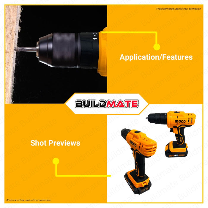 INGCO Lithium-Ion Cordless Drill 20V Super Select with Battery and Charger CDLI20011 + FREE IPT