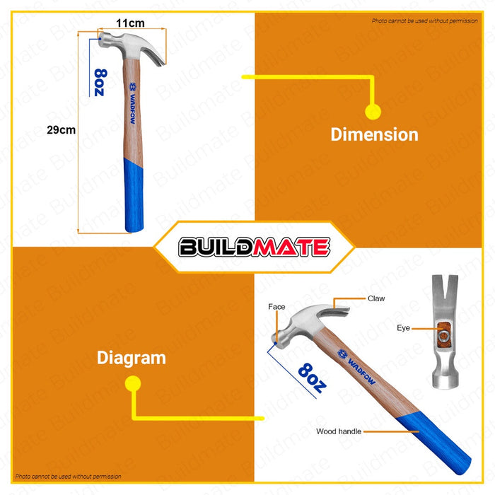 WADFOW Claw Hammer 8oz 200g Hardwood Handle Drop-forged Hammerhead WMB3308 Tools •BUILDMATE• WHT