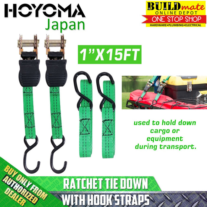 HOYOMA 1" x 15FT Ratchet Tie Down 2PCS with Black Hook 38010005 •BUILDMATE• HYMHT