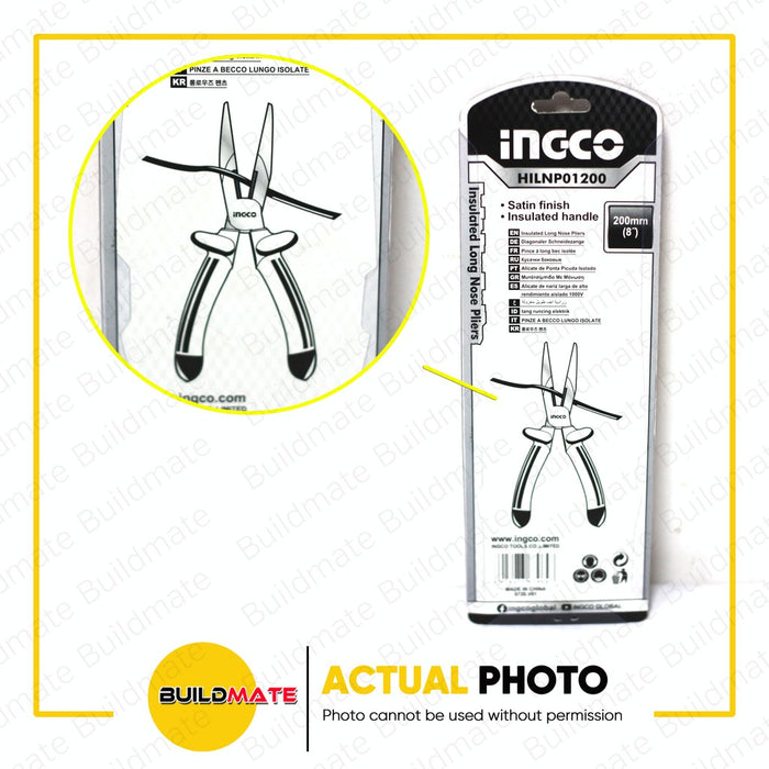 INGCO Insulated Long Nose Pliers 8" 200mm Satin Finish Stand High Pressure 1000V HILNP01200 IHT