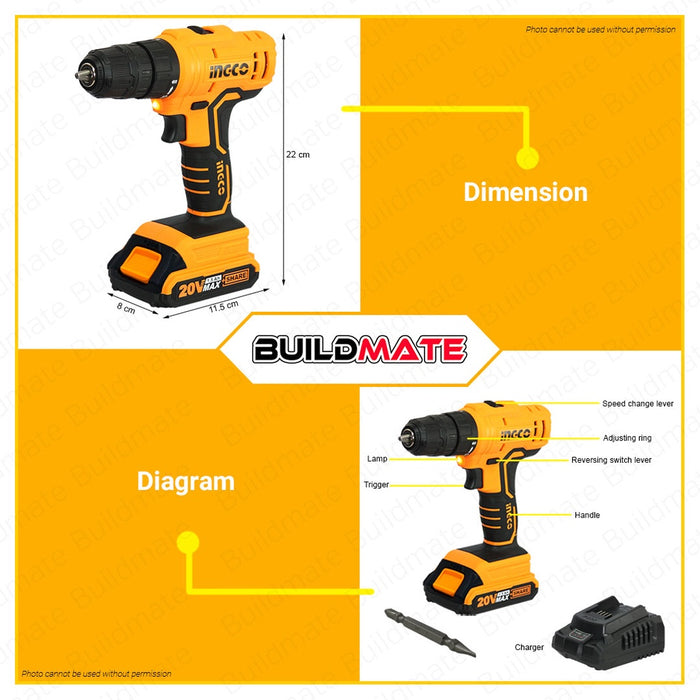 INGCO Lithium-Ion Cordless Drill 20V Super Select with Battery and Charger CDLI20011 + FREE IPT