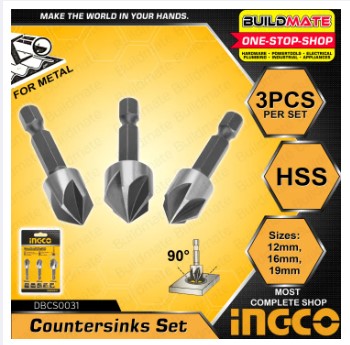 BUILDMATE Ingco 1/4" HSS Countersink Bit Set 90 Degree Center Punch Tool Sinker Drill for Metal IHT