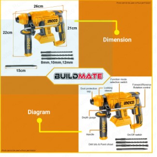 INGCO Cordless Rotary Hammer Chipping Gun Drill 20V CRHLI2201 BARE TOOL (UNIT ONLY) POWERSHARE + FREE 4PCS ACCESORIES •BUILDMATE• ICPT