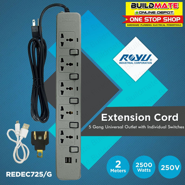 ROYU 5 GANG Extension Cord with Individual Switches  REDEC725/G •BUILDMATE•